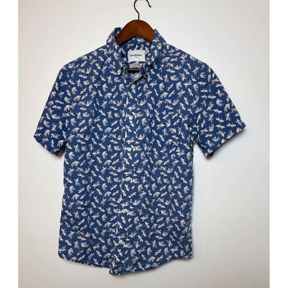Goodfellow & Co Mens Slim Fit Blue Goldfish Print Short Slv Button Down Shirt M